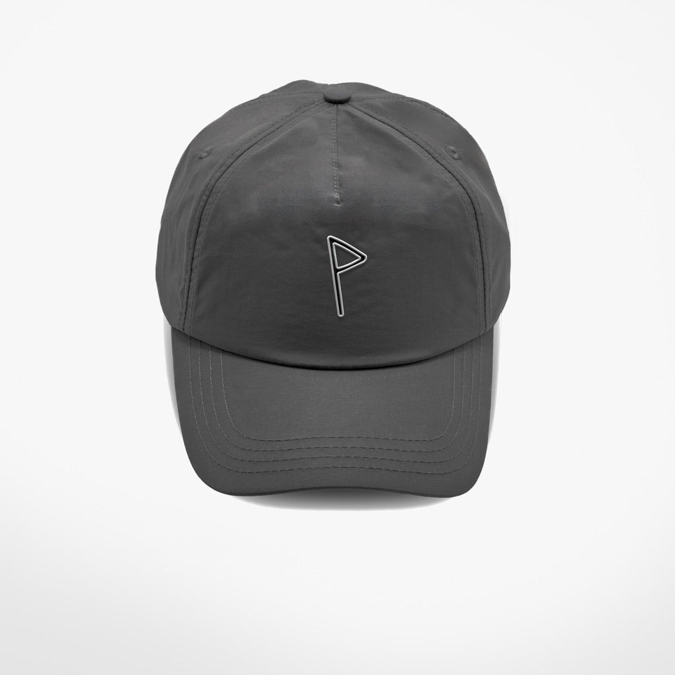 Front view of the EnduraLite golf hat with neutral-white flag emblem